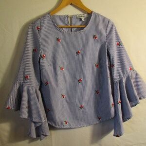 Kontrol Contemporary striped blouse with embroidered flowers & bell sleeves